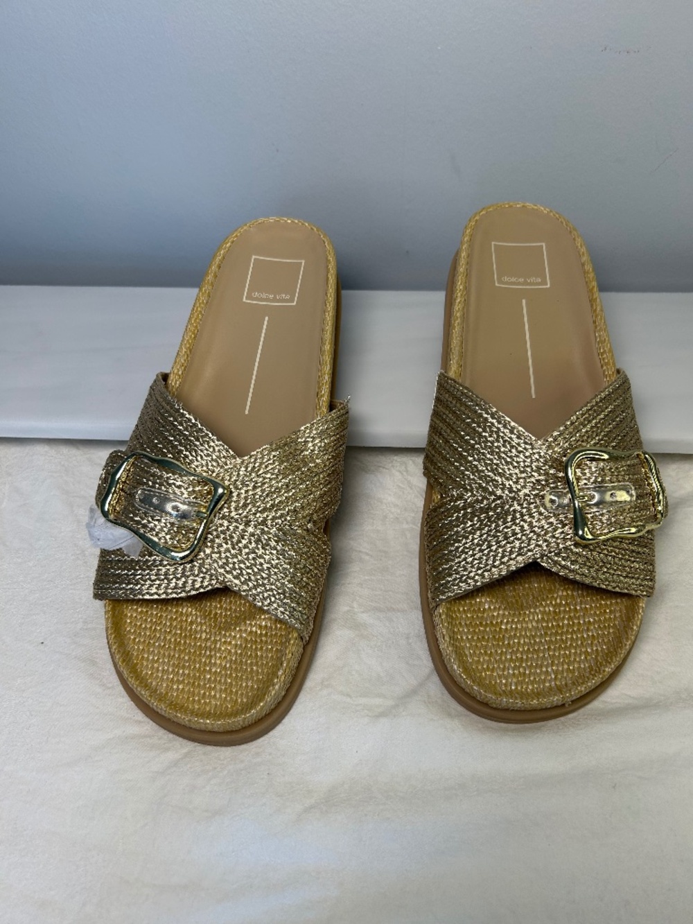 Dolce Vita Sydnee Sandal Raffia Slip On Gold 9.5 Summer NEW